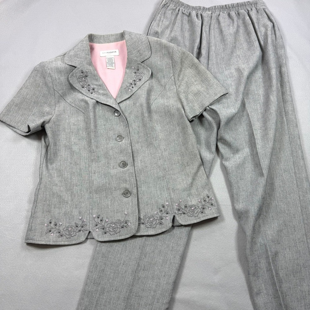 Sag Harbor Dress Grey Embroidered Pant Suit Set Size 10 Floral Beaded Blazer